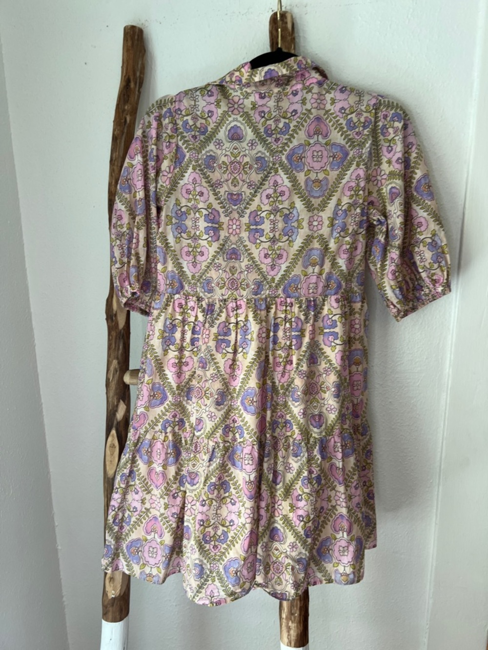 Olivaceous Pink Purple Cream Floral Tiered Cotton Short Puff Sleeve Mini Dress S - Picture 6 of 7